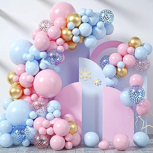 Kit Arche Ballons Rose et Bleu, 106pcs Guirlande Ballons de Gender Reveal Bleu Rose Confettis Or