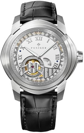 LOBINNI Herrenuhr, mechanisch, automatisch, wasserdicht, Handgelenk, modisch, luxuriöses Lederband, P5.29, Schwarz, Modern