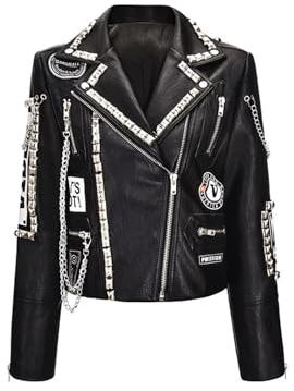 KarfRi Modische, schlanke, verkürzte Lederjacke für Damen, Punkrock-Bikerjacke mit Nieten