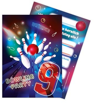 Limonia 12 Einladungskarten zum 9. Kindergeburtstag Motto Bowling neon Feier Fest Einladung Set Geburtstag Mädchen Kinder Jungs Jungen Boys Teenies