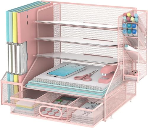 SUPTIDY Schreibtisch Organizer mit Aktenhalter, 5-Tier Mesh Papier Brief Tray Organizer mit Stifthalter und Schublade für Bürobedarf, Rosa