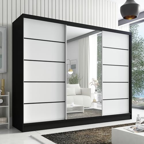 A&J MöbelLand Schwebetürenschrank Aurelia 2 Kleiderschrank 3-türig mit Schubladen, und Spiegel, Garderobe 200 cm (Schwarz/weiß)
