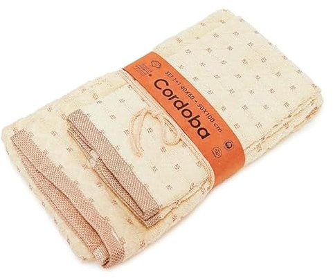 INTRECCI Set Asciugamani Bagno Viso e Bidet, Coppia Asciugamani Bagno, in Spugna di Puro Cotone 470 gr/mq, 100 x 50 cm + 50 x 30 cm, Morbido al Tatto, Lavorazione Jacquard, Crema. Modello: Cordoba