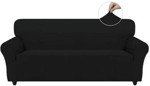 Easy-Going Stretch Sofa Überzug 3 Sitzer, Rutschfester Sofabezug für Hund Katze, Waschbarer Fleece Couch Überzug Bezug, Weicher Küchensofa Couch Cover, 1 Stück Sofaschoner mit Armlehnen, Schwarz