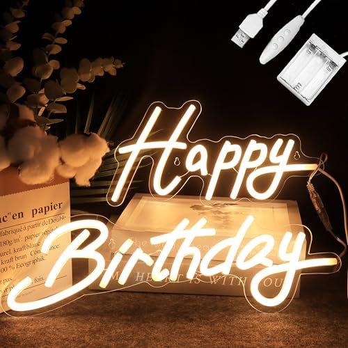 Ginsso Happy Birthday Neon Schild, Batteriebetrieben & USB betrieben, Trennbare Neonlichter für Wanddekoration, Einstellbare Helligkeit, Warmweiß, 15,7x11,4 Zoll