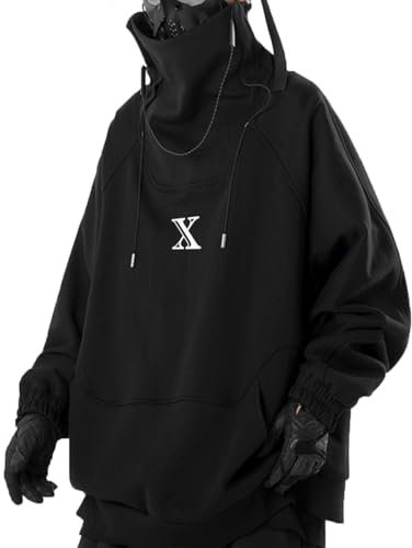 Eocicvvi Sweat Homme sans Capuche Cyberpunk Pull à Col Roulé Chic Hoodie avec Poche pour Hiver et Automne Manches Longues(Noir,5XL)