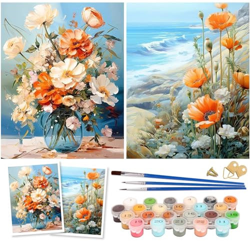 Peinture Numero Adulte, 2 pièces Fleur Kit de Peinture à l'huile sur Toile Bricolage pour Enfant, Paint by Numbers avec Peintures et Pinceaux Sans Cadre 30×40 cm