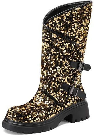 Donna Stivali Piatti Brillantini Tacco Medio Stivaletti Punta Rotonda Senza Chiusura Moda Vestito Polacchine, H165591Fv Oro Numero 40 EU/41Cn