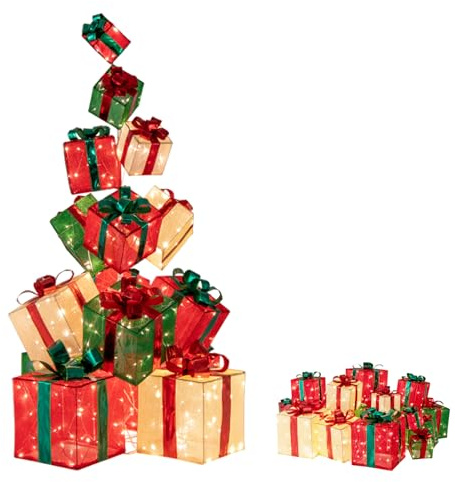 SOARS 15er Set LED Geschenkbox 170cm, mit 450 warmweißen LEDs, Weihnachtsdeko Outdoor stapelbar, Weihnachtenboxen in Weihnachtsbaum-Form, Weihnachtsdekoration Weihnachtsbeleuchtung für Innen & Außen