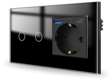 JIMEIDA Touch Light Switch with Socket, 20 W, Quick Charge, Black with USB Ports (USB A and Type C), Double 1 Way, Glass Panel and Status LED Wall Switch, No Neutral Conductor Required, 157 x 86 mm