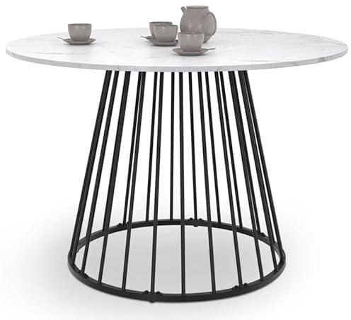 IDMarket - Yuna Esstisch, rund, 6 Personen, kabelgebundener Fuß aus Metall, Schwarz und Platte in Marmor-Optik, Weiß, Alaska, 110 cm
