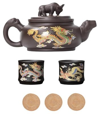Color Changing Dragon Phoenix Teapot Teacup Set,Chinese Purple Clay Teapot, Kung Fu Tea Set,Ceramic 1 Pot 2 Cups,Gift for Tea Lovers,with Coaster (A-Dragon Phoenix, Without Gift Box)