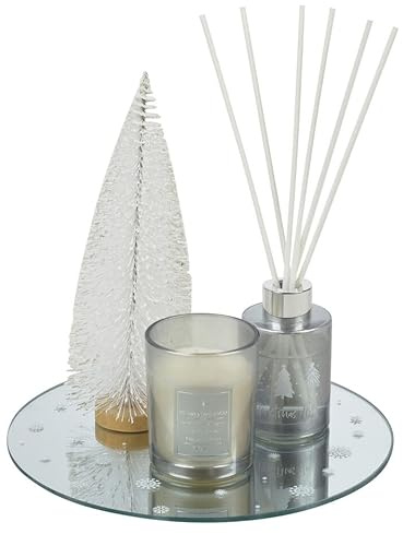 URBNLIVING 60ml Perfume Diffuser & 90g Wax Candle Mini Snow-Dusted Christmas Tree Festive Scented Aroma Reed Fragrance Gift Box Set Long Lasting Holiday Scent for Home Living Room