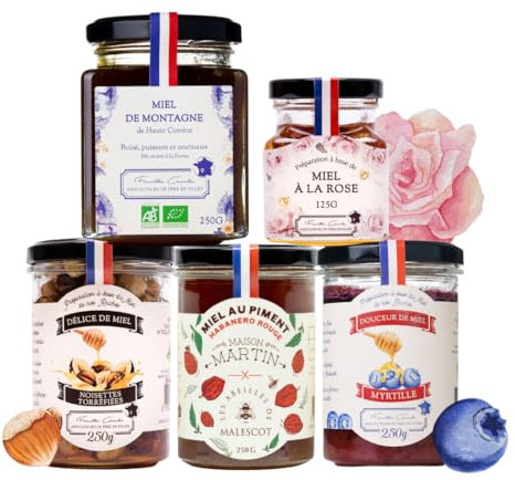 Coffret Gourmet Noël, Miel de Montagne, Miel à la Rose, Délice de Miel aux Noisettes, Miel au Piment, Douceur de Miel à la Myrtille - LES ABEILLES DE MALESCOT