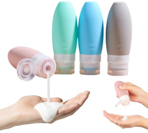 WUSJCOF 4 Stück 90ml Silikon Reiseflaschen Set Auslaufsicher Nachfüllbare Portable Reise Container für Shampoo Creme Spülung, BPA-frei und TSA-geprüft