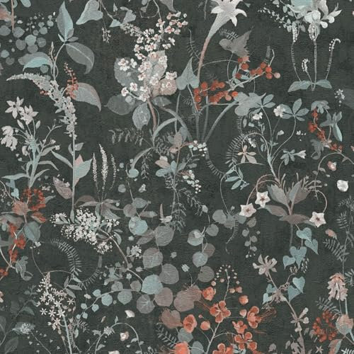 Profhome Florale Tapete 388254-GU Vliestapete schwarz grau petrol rot 0,53 m x 10,05 m / 5,33 m2