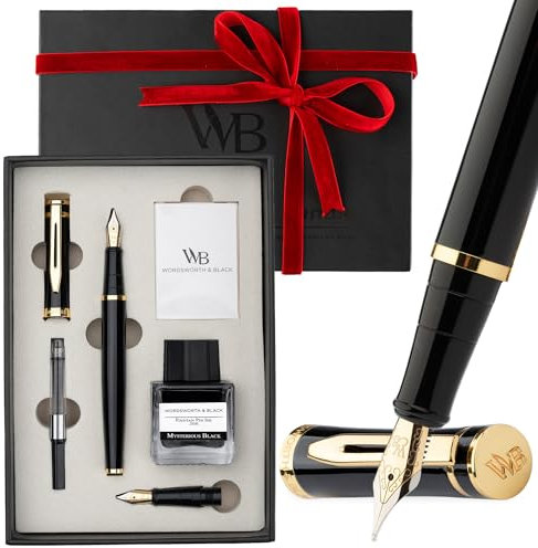 Wordsworth & Black Fountain Pen Set,18K Gilded Medium and Extra Fine Nib,25MLBlack Ink Bottle,6 Ink Cartridges,Refill Converter,Gift Box,Smooth Writing Pens [Black Gold],Gift Set for Men and Women