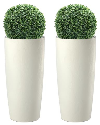 Tecnokit Erba Haute Pot pour Plantes d'intérieur et d'extérieur, Design Moderne avec Effet Ciment, jardinière Haute avec Soucoupe Musa Mat Coleur Amande, 2 vases 35 x 70 cm avec buis 38 cm