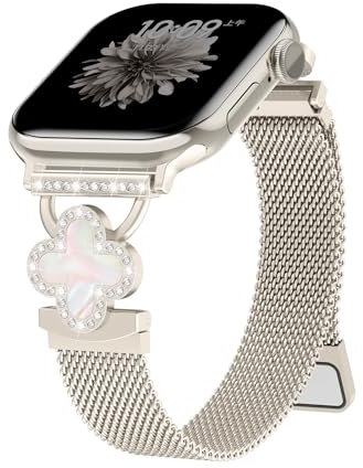 Milanaise Armbänder für Apple Watch SE/2 Armband 40mm 44mm 42mm 41mm 38mm 46mm 45mm 49mm Damen,Dünn Bling-Klee-Armband Magnetic Metall Edelstahl Milanese Loop Band für iWatch 10 9 8 7 6 5 4 3 Ultra