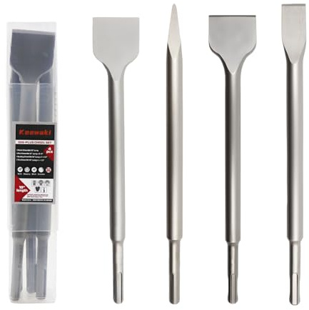 Keewaki SDS Plus Masonry Chisel Set – 4-Piece Heavy-Duty Chisel Bits for Hammer Drill – Includes Flat, Pointed & Tile Chisel – Concrete, Tile Removal Tool