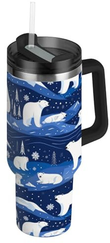 EtherSpher Vaso reutilizable al vacío con diseño de oso polar azul oscuro de 40 onzas con tapa y pajilla, taza de viaje decorativa para el hogar, la oficina o el coche, vasos para bebidas y agua, 40