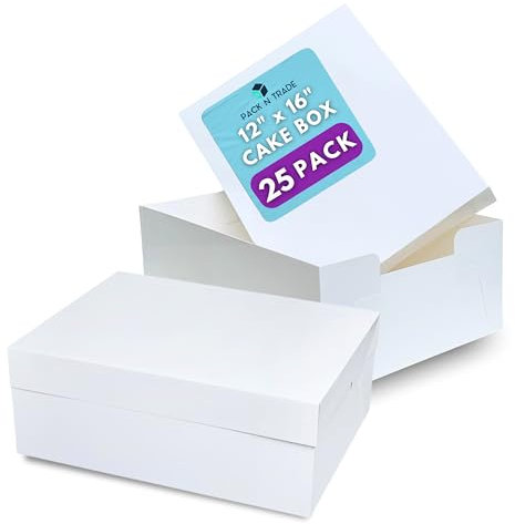 Pack N Trade Oblong Cake Box 16x12x6 with Lid – 25 Pcs Durable White Rectangle Container for Cakes & Tray Bakes – Easy Assemble, Ideal for Events & Celebrations