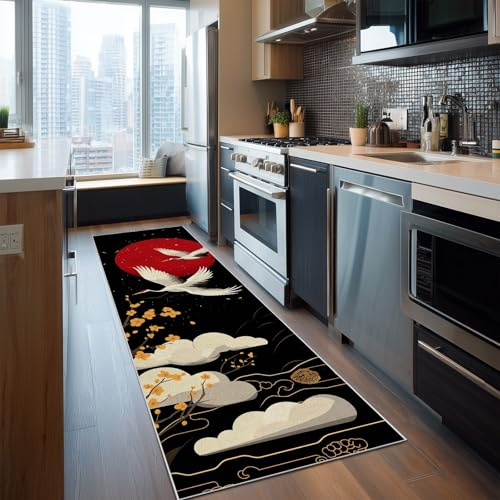 Dppyuxa Teppich Läufer Flur Japanisch Kranich Lang Waschbar und rutschfest | Asiatischer Blüten Küchenläufer Anime Wolke Flurteppich für Küche & Eingangsbereich 60x150 cm