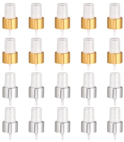 WEBEEDY 20 PCS 2 Colors Spray Bottle Caps 24/410 Fine Mist Sprayer Protable Reusable Nozzle Sprayer Head Replacement for Perfume Cosmetic Gardening Hotel Cleaning Travel Use Gift (Gold,Silver)