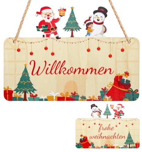 Frohe Weihnachten Doppelseitiges Anhänger Willkommen Schild aus Holz, 21,5x15cm, Weihnachtsdeko mit „Frohe Weihnachten“ & „Willkommen“ für Haustür, Garten - Mit Aufhängeschnur