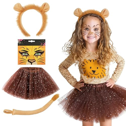 PeakPeek 4-teiliges Löwenkostüm Set für Kinder Mädchen– Löwenohren Haarreif, Tutu, Gesichtssticker & Schwanz, Faschingskostüm, Karneval Kostüm, Tierkostüm, Karnevalskostüm Kinder, Rollenspiel