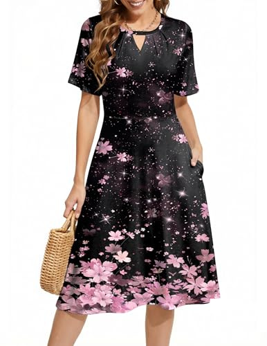 Zeagoo Sommerkleid Damen Kurzarm A-Linie Kleid mit Taschen Blume Schwarz S
