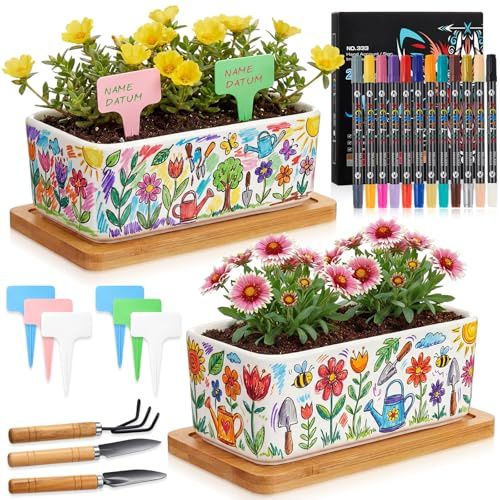 Hestya DIY Keramik Bemalen Set 2 Keramik Blumentöpfe Weiß Blumentopf 2 Untersetzer 12 Porzellanstifte Spülmaschinenfest Keramikstifte Gartenschaufel Gartenschilder Geschenke Familie Paar (Rechteckig)