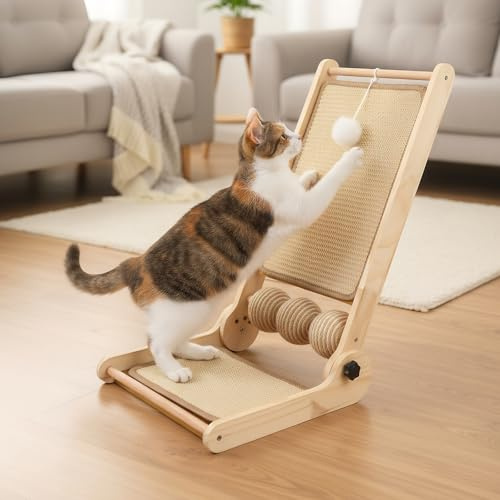 DREI-Use Sisal Kratzbrett Katze, L-förmige Katzenkratzbrett mit Ball, 59cm H, Leichte Montage, Natürliche Sisal Kratzsäule Katze für alle Katzen Spielen, Entspannen, Schutz von Möbeln und Sofas