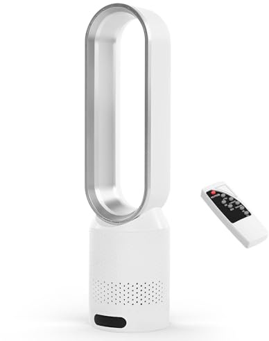 Eznaobo Rotorloser Ventilator mit Fernbedienung, 2in1 Turmventilator mit HEPA, 8 Geschwindigkeiten,Auto 90° Oszillation, Timer, Standventilator sehr leise für Büro, Zuhause (Silber/A)
