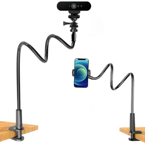 JCWINY Webcam Mount, Webcam Stand for Desk Flexible Gooseneck Computer Camera Stand Arm Clamp with Phone Holder Compatible with Logitech C930e C930 C920 C922x C922 Brio 4K C925e C615
