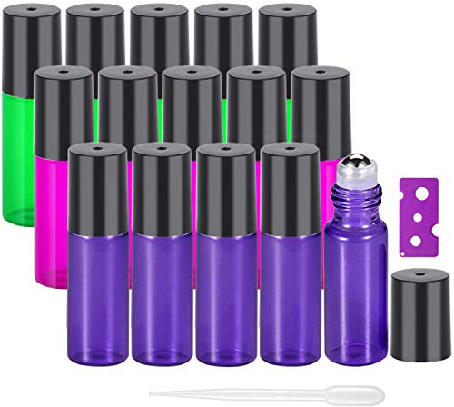 Yalbdopo 15Pcs, 5ml Essential Oil Roller Bottles Mini Refillable Glass Roll on Bottles with Stainless Steel Roller Ball & Black Lid, Perfect for Aromatherapy, Essential Oils, Fragrance (3 Colors)