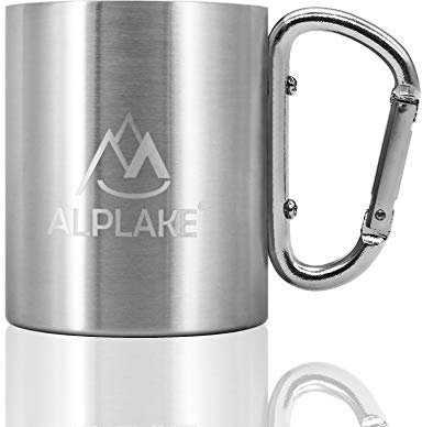 ALPLAKE Double Wall Stainless Steel Mug, Metal Mug, Carabiner Handle, 250ml