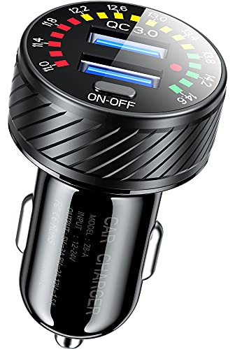 KEWIG Zigarettenanzünder USB Ladegerät, Dual QC3.0 Port Schneller USB Adapter Auto, 36W/3A Auto Ladegerät Kompatibel mit Buntem Voltmeter & EIN/Aus-Schalter Passend (Black)