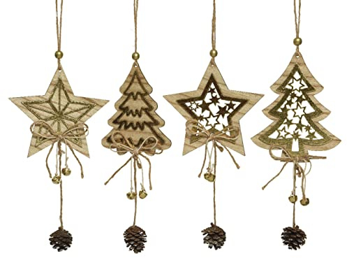 Kaemingk Christbaumschmuck Holz 22x12cm 4er Set Sterne Tannenbäume Glocken Zapfen Natur braun Gold