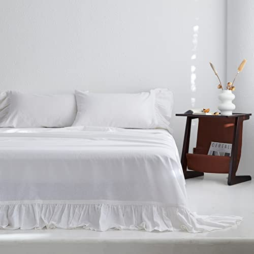 King Linens Belgisches Leinen-Bettwäsche-Set mit langen Rüschen, 4-teilig (1 Bettlaken, 1 Spannbetttuch und 2 Kissenbezüge), natürliches Flachs-Baumwoll-Mischgewebe, weich, langlebig, atmungsaktiv,