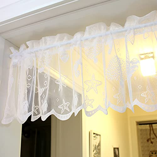 Yaland Scheibengardine mit Starfish Muster Stangendurchzug Bistro Jacquard strukturierte Oberfläche Türvorhang mit gebogten Kante 1 Stück, Weiß, BxH 140x45cm