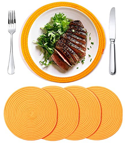 WENFOME 4 Pack Round Woven Placemats,13.8 inch Plate Chargers Yellow Thick Place Mats Cotton Rope Braided Tablemats Rattan Tablemats Weave Placemats for Table Decoration