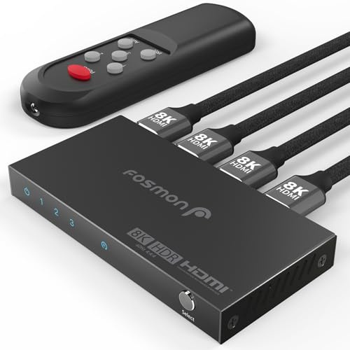 Fosmon Conmutador HDMI 8K 3 Puertos 3x1 Switch Automático 48Gbps Hub | Compatible con PS5, Xbox X, Apple TV, DVD, PC, y Monitor. Soporta 8K 60Hz 4K 120Hz HDR10+ con Mando a Distancia