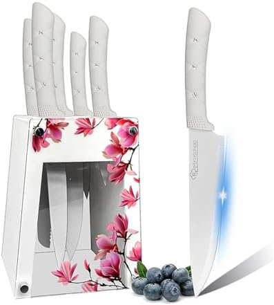 Couteaux Cuisine, Set de 6 Couteaux de Cuisine en Acier Inoxydable Blanc, Couteau de Cuisine Professionnel Multifonctionnel avec Porte - Couteau, Couteau à Pain Couteau de Chef Inclus (Blanc)