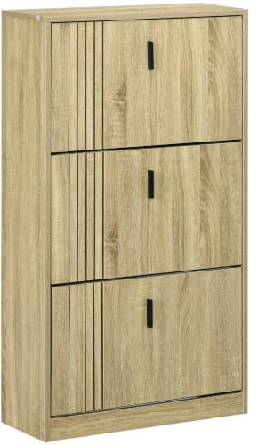 HOMCOM Schuhschrank 3 Klappschubl. 18 Paare Eiche | Rustikal, verstellbare Regalböden, Eingang, Flur