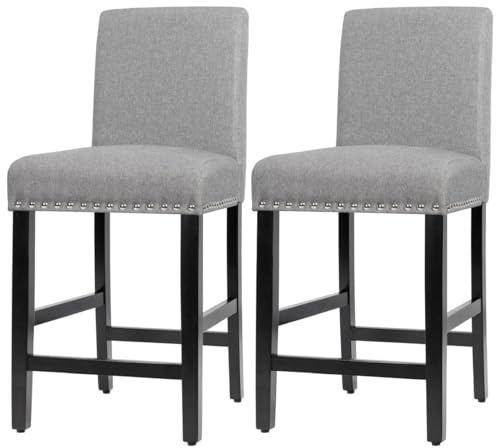 GiantexUK Bar Stools Set of 2, Upholstered Linen Fabric Barstools with Backrest, Rubber Wood Legs, Footrests & Adjustable Foot Pads, Breakfast Bar Chairs for Kitchen Dining Living Room (Grey)