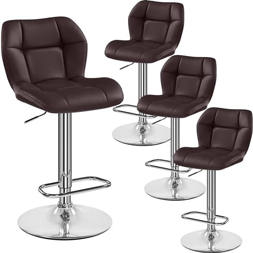 Yaheetech Barhocker 4er Set Höhenverstellbar 360°Drehbar Barstühle Küchenstühle mit Rückenlehne und Fußstütze, Barstuhl PU-Kunstleder Sitzhöhe 62,5 cm - 84,5 cm für die Küche, Braun