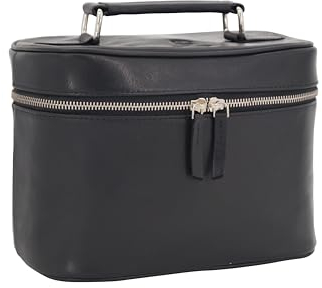 GERMANUS Handgemachte Kosmetiktasche Leonie, Kosmetikkoffer und Kulturtasche aus dickem Leder (Schwarz)