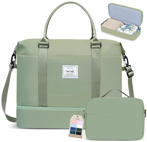 BAGAIL Reisetasche mit extra Stauraum am Boden, mit separatem Kulturbeutel, Nass- und Trockentrennung, ideale Reisetasche für unterwegs, Sporttasche und Krankenhaustasche - Olivgrün
