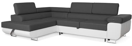 SOFILAND Ecksofa Aller L-Form mit Schlaffunktion und Bettkastenin in Dunkelgrau, Weiß Kunstleder, Ottomane Links.